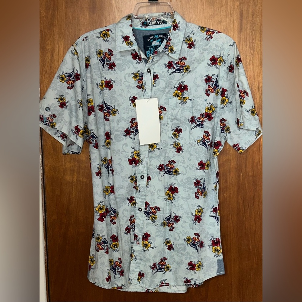 Men's Blue and Red Parrot Print Button Down Hawaiian Style Shirt